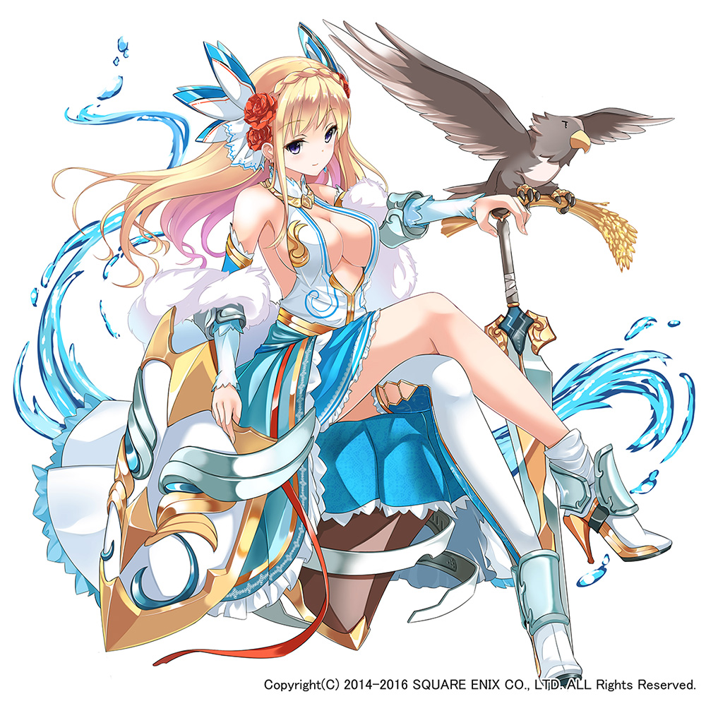 1girl animal ankle_boots armor armored_boots bare_shoulders beak bird blonde_hair blue_skirt blush boots breasts center_opening cleavage closed_mouth collar commentary_request crossed_legs detached_sleeves dress eagle earrings eyebrows eyebrows_visible_through_hair fatkewell flying fur_trim head_tilt jewelry kai-ri-sei_million_arthur long_hair looking_at_viewer magic official_art outstretched_arm outstretched_wings shawl shield single_thighhigh sitting skirt smile sword thigh-highs violet_eyes water water_drop weapon white_legwear