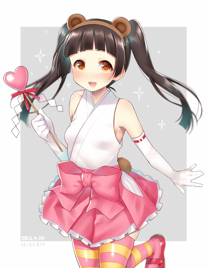 1girl :d amayadori_machi animal_ears bangs bear_ears bear_tail black_hair blunt_bangs bow brown_eyes dated elbow_gloves fake_animal_ears gloves hairband hattori_masaki heart kumamiko long_hair mary_janes open_mouth ribbon-trimmed_gloves ribbon_trim shide shoes sleeveless smile solo sparkle standing_on_one_leg striped striped_legwear tail thigh-highs twintails wand white_gloves
