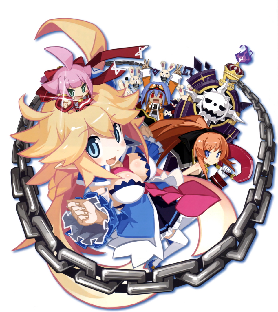 &gt;:d 1boy 3girls :d ahoge arms_up attouteki_yuugi_mugen_souls attouteki_yuugi_mugen_souls_z belt between_breasts blonde_hair blue_eyes blue_hair blush blush_stickers breasts brown_hair chain chibi chou_chou chou_chou_egotistical cleavage coffin dark_skin detached_sleeves double_v fire flame goggles goggles_on_head hair_ribbon holding holding_sword holding_weapon long_hair long_sleeves multiple_girls nanameda_kei nao_(mugen_souls) necktie official_art on_head open_mouth outstretched_arm pleated_skirt pointing ponytail red_eyes ribbon ryuto_(mugen_souls) shilma_(mugen_souls) skirt smile sparkle sword thigh-highs v very_long_hair weapon white_background white_legwear