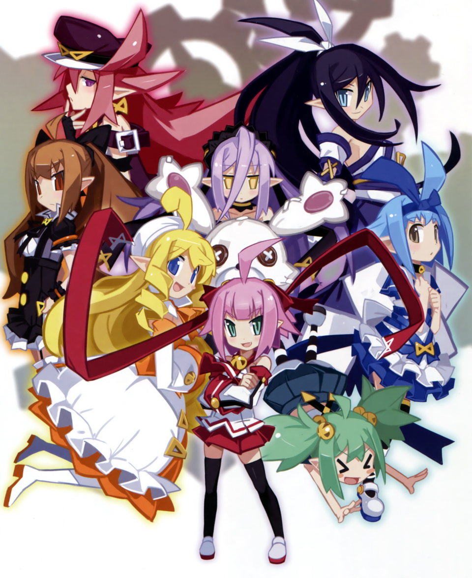&gt;_&lt; 6+girls :d ahoge attouteki_yuugi_mugen_souls black_gloves black_hair blonde_hair blue_eyes blue_hair blush_stickers boots brown_eyes brown_hair button_eyes chou_chou chou_chou_beauty chou_chou_cool chou_chou_egotistical chou_chou_masochist chou_chou_natural chou_chou_sadistic chou_chou_tsundere chou_chou_vigor closed_eyes crossed_arms detached_sleeves dress fang fingerless_gloves gloves green_eyes green_hair hair_between_eyes hair_ribbon hairband hand_on_hip harada_takehito hat loafers long_hair looking_at_viewer multiple_girls official_art open_mouth outline outstretched_arms peaked_cap pink_hair pleated_skirt pointy_ears ponytail profile purple_hair redhead ribbon shampuru shirt shoes short_hair short_twintails silhouette skirt sleeveless sleeveless_shirt smile striped striped_legwear thigh-highs thigh_boots time_paradox twintails very_long_hair violet_eyes white_dress wrist_cuffs yellow_eyes