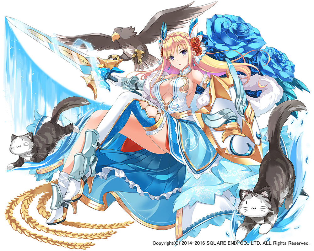 1girl :3 :d =3 animal ankle_boots armor armored_boots armpits bare_shoulders beak bird blonde_hair blue_rose blue_skirt blush boots breasts cat center_opening cleavage commentary_request dress eagle fatkewell flower frilled_skirt frills glowing glowing_sword glowing_weapon high_heel_boots high_heels holding holding_sword holding_weapon kai-ri-sei_million_arthur long_hair looking_at_viewer official_art open_mouth outstretched_wings parted_lips pleated_skirt rose shield single_thighhigh skirt smile sword talons thigh-highs unsheathed violet_eyes weapon white_legwear
