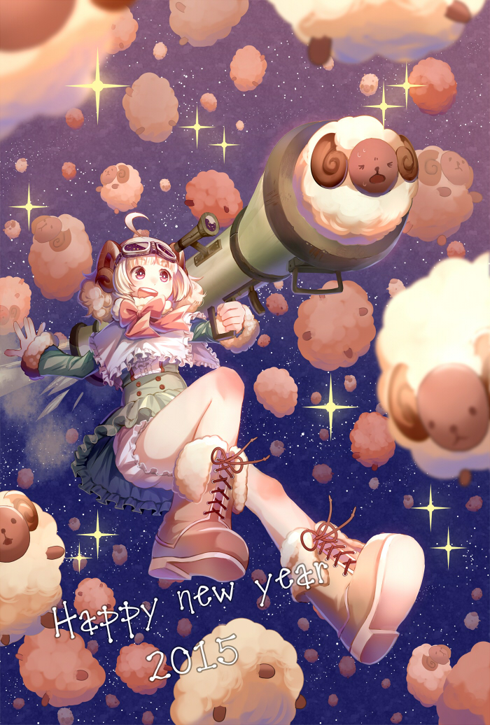 &gt;_&lt; 1girl 2015 ahoge boots bow chinese_zodiac closed_eyes fur_boots gloves goggles goggles_on_head happy_new_year holding holding_weapon horns new_year open_mouth original rocket_launcher sheep sheep_horns sky smile space sparkle star_(sky) starry_sky sweat taranbo weapon white_gloves