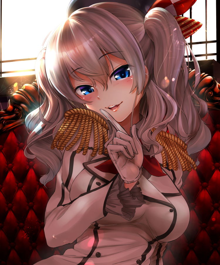 1girl backlighting beret black_hat bloom blue_eyes blush bow breasts buttons collared_shirt couch double-breasted epaulettes eyebrows eyebrows_visible_through_hair frilled_sleeves frills grey_shirt hair_between_eyes hair_over_shoulder hat hat_bow head_tilt index_finger_raised indoors kantai_collection kashima_(kantai_collection) kerchief large_breasts lens_flare lips long_hair long_sleeves military military_uniform red_ribbon ribbon shirt silver_hair solo sunlight twintails uniform wavy_hair white_coat window wing_collar youmou_usagi