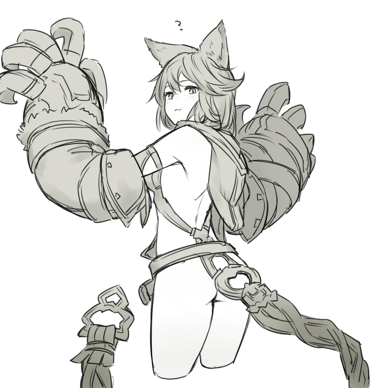 1girl ? animal_ears arm_up ass bottomless claws granblue_fantasy greyscale hood looking_at_viewer looking_back monochrome no_panties robo8 sen_(granblue_fantasy) simple_background smile solo