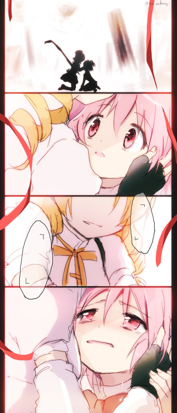 2girls blonde_hair commentary crying crying_with_eyes_open death detached_sleeves dress drill_hair fingerless_gloves gloves gun hair_ribbon hand_on_another's_face highres kaname_madoka magical_girl mahou_shoujo_madoka_magica multiple_girls oka_(umanihiki) pink_eyes pink_hair pleated_skirt puffy_sleeves red_ribbon ribbon school_uniform skirt tears tomoe_mami twin_drills twintails twitter_username weapon