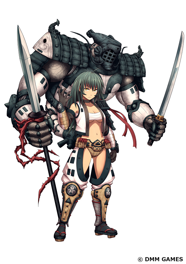 1girl armor armored_boots bangs belt boots chaps commentary_request dual_wielding gloves green_hair holding holding_sword holding_weapon kei-suwabe kitanoshou long_hair looking_at_viewer navel official_art oshiro_project oshiro_project_re polearm sarashi short_shorts shorts sword utility_belt vambraces weapon yellow_eyes