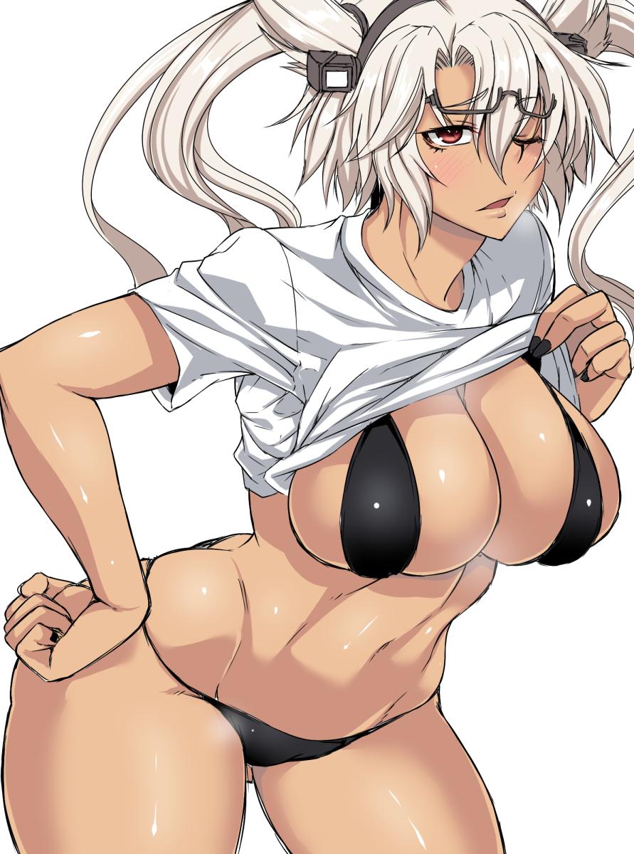 1girl alternate_costume bent_over black_bra black_nails black_panties blush bra breasts brown_eyes cleavage commentary_request contrapposto cowboy_shot dark_skin glasses glasses_on_head hair_between_eyes hand_on_hip headgear highres kantai_collection kinntarou large_breasts looking_at_viewer musashi_(kantai_collection) nail_polish navel one_eye_closed panties pointy_hair semi-rimless_glasses shirt shirt_lift short_hair_with_long_locks short_sleeves silver_hair skindentation solo twintails two_side_up underwear white_background white_shirt