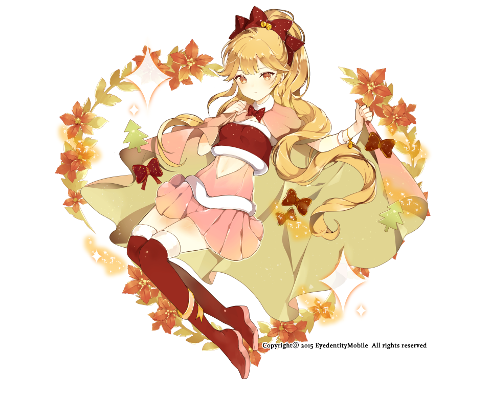 1girl bangs bell_hair_ornament blonde_hair blunt_bangs blush boots bow bowtie bracelet cape closed_mouth collarbone expressionless full_body fur_collar fur_trim hair_bow high_heel_boots high_heels holding holding_cape jewelry kai-ri-sei_million_arthur leaf long_hair lp_(hamasa00) navel navel_cutout official_art orange_flower pink_cape pink_skirt plant pleated_skirt ponytail red_boots red_bow red_bowtie red_legwear simple_background skirt solo stomach strapless tubetop very_long_hair white_background