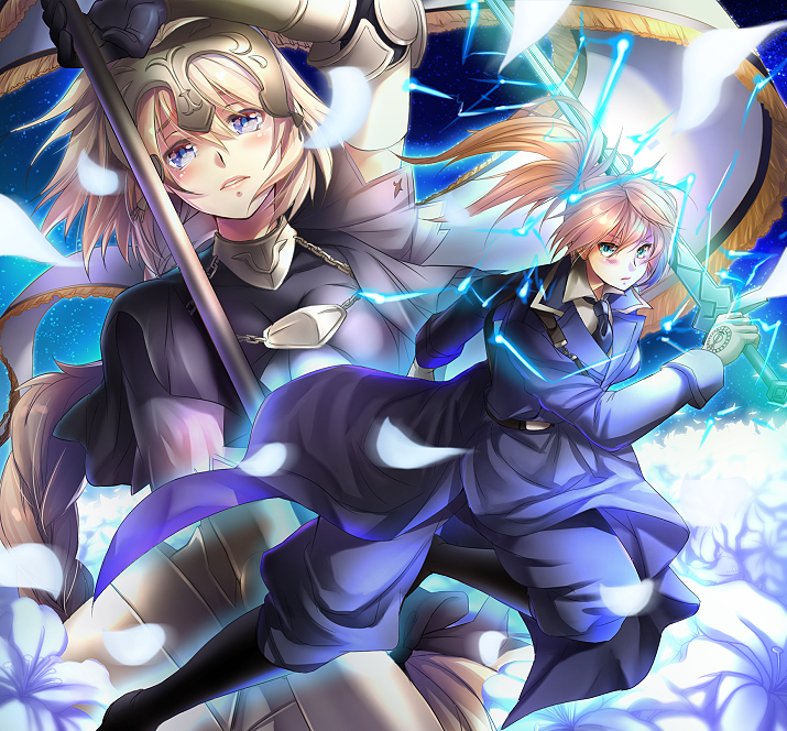 2girls armor beatrice_waltrud_von_kircheisen blonde_hair blue_eyes crossover dies_irae fate/grand_order fate_(series) flag german lightning long_hair mia_(gute-nacht-07) military military_uniform multiple_girls ruler_(fate/grand_order) sword uniform weapon yellow_eyes