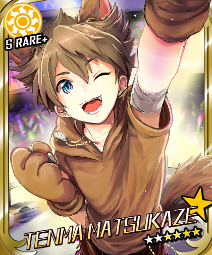 1boy 203mtk ;) animal_ears blue_eyes brown_hair card_(medium) character_name cinderella_girls_card_parody clenched_hand dog_ears dog_tags dog_tail fang fangs hood hoodie idolmaster idolmaster_cinderella_girls inazuma_eleven_(series) inazuma_eleven_go male_focus matsukaze_tenma one_eye_closed open_mouth parody paws smile solo star sun tail
