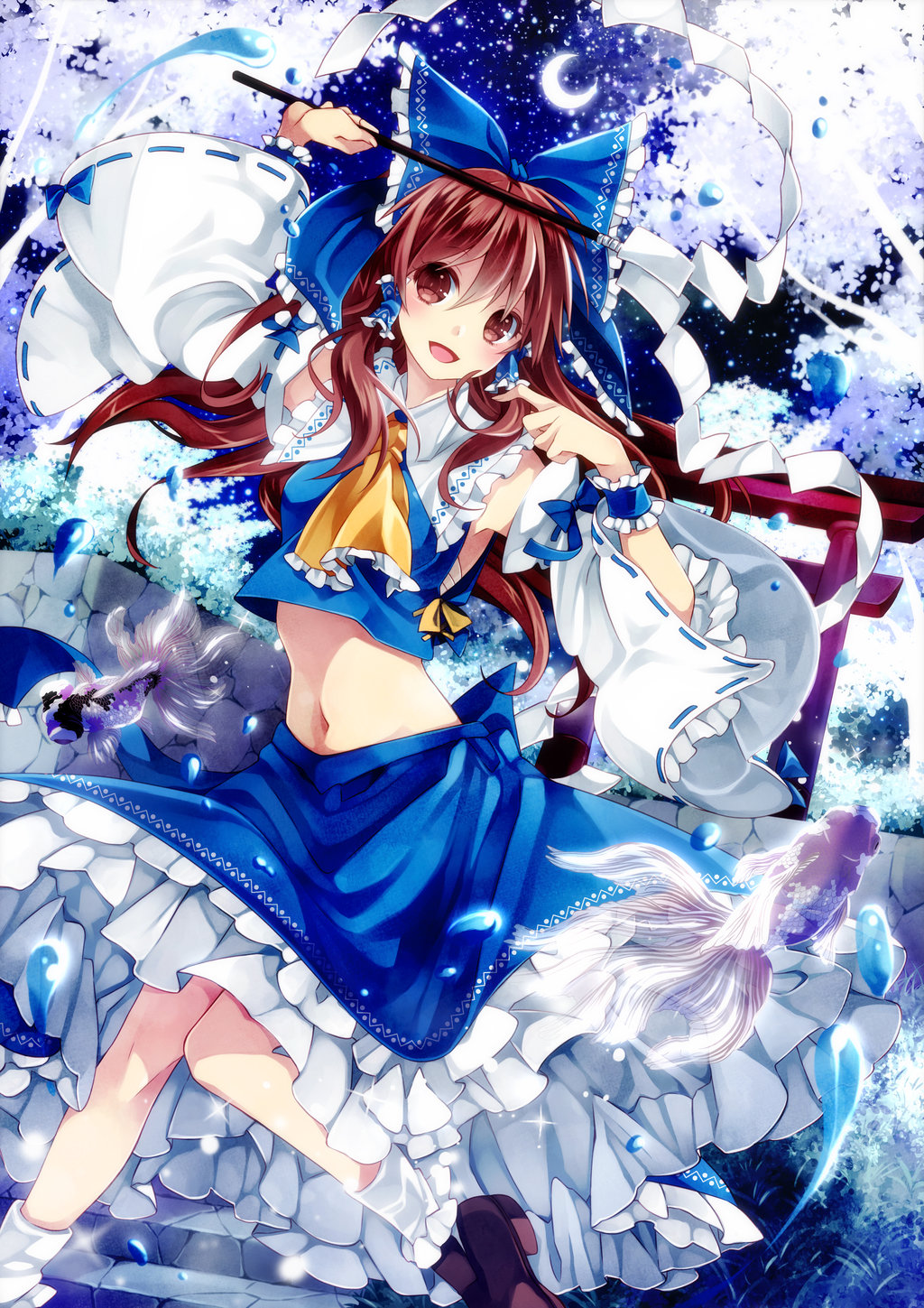 1girl :d alternate_color animal arch arm_up armpits ascot bandages bare_shoulders blue_bow blue_skirt blue_vest blush bow brown_eyes brown_hair brown_shoes cherry_blossoms collar crescent_moon detached_sleeves eyebrows eyebrows_visible_through_hair fantasy fish frilled_collar frilled_skirt frills gohei hair_bow hair_tubes hakurei_reimu head_tilt highres inma leg_up loafers long_hair long_sleeves looking_at_viewer midriff moon navel night night_sky open_mouth outdoors petticoat plant ponytail sarashi shoes sidelocks skirt sky smile solo standing_on_one_leg star_(sky) starry_sky stomach torii touhou tree vest wide_sleeves wrist_cuffs