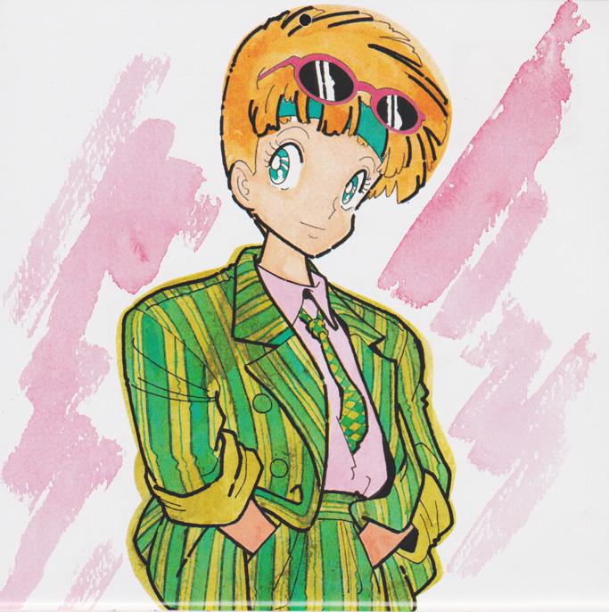 1girl ashida_toyoo chouriki_robo_galatt official_art oldschool patty_pumpkin scan simple_background solo striped_suit sunglasses sunglasses_on_head