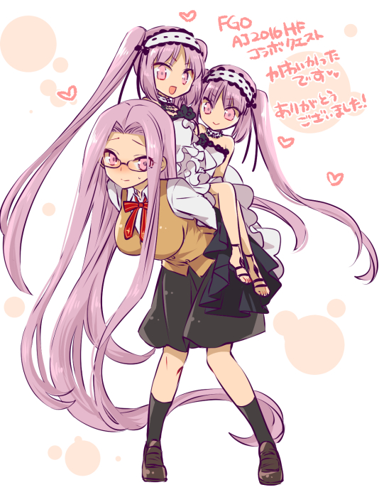 3girls :d black_legwear blush breasts euryale fate/grand_order fate/hollow_ataraxia fate/stay_night fate_(series) glasses hairband heart himori_yoshino irony kneehighs lolita_hairband long_hair looking_at_viewer multiple_girls open_mouth purple_hair rider school_uniform siblings sisters sitting sitting_on_person skirt smile stheno sweatdrop translated twintails very_long_hair violet_eyes