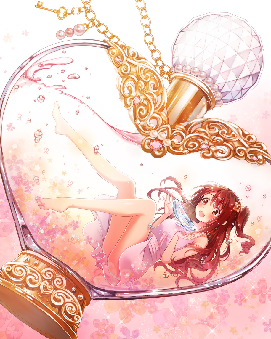 1girl :d air_bubble bare_legs barefoot beads blush bottle chain crown dress dutch_angle flower gem glass_slipper hair_ornament half_updo heart idolmaster idolmaster_cinderella_girls in_bottle in_container key minigirl one_side_up open_mouth oversized_object perfume_bottle pink_dress red_eyes redhead serino_itsuki shimamura_uzuki shoes_removed side_ponytail smile solo sparkle underwater upskirt