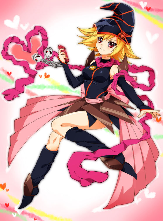 1girl bare_shoulders black_boots blonde_hair blush boots breasts cellphone chiyo_(no3baki) commentary_request detached_sleeves duel_monster full_body gagaga_girl hat heart heart_background looking_at_viewer phone red_eyes short_hair skull smile solo spiky_hair wizard_hat yuu-gi-ou yuu-gi-ou_zexal