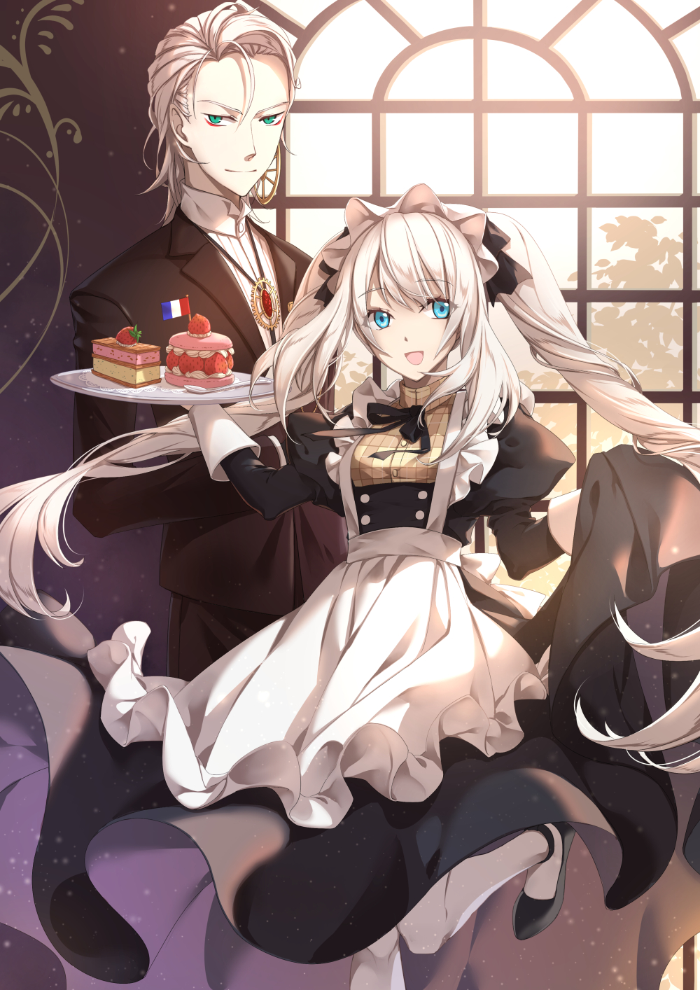 1boy 1girl :d alternate_costume apron aqua_eyes blue_eyes butler cake drill_hair fate/grand_order fate_(series) food french_flag highres jewelry jh lancer_of_red long_hair maid maid_apron marie_antoinette_(fate/grand_order) mini_flag open_mouth pantyhose pendant short_hair silver_hair skirt_hold smile standing_on_one_leg tray tuxedo_jacket twin_drills very_long_hair white_legwear window