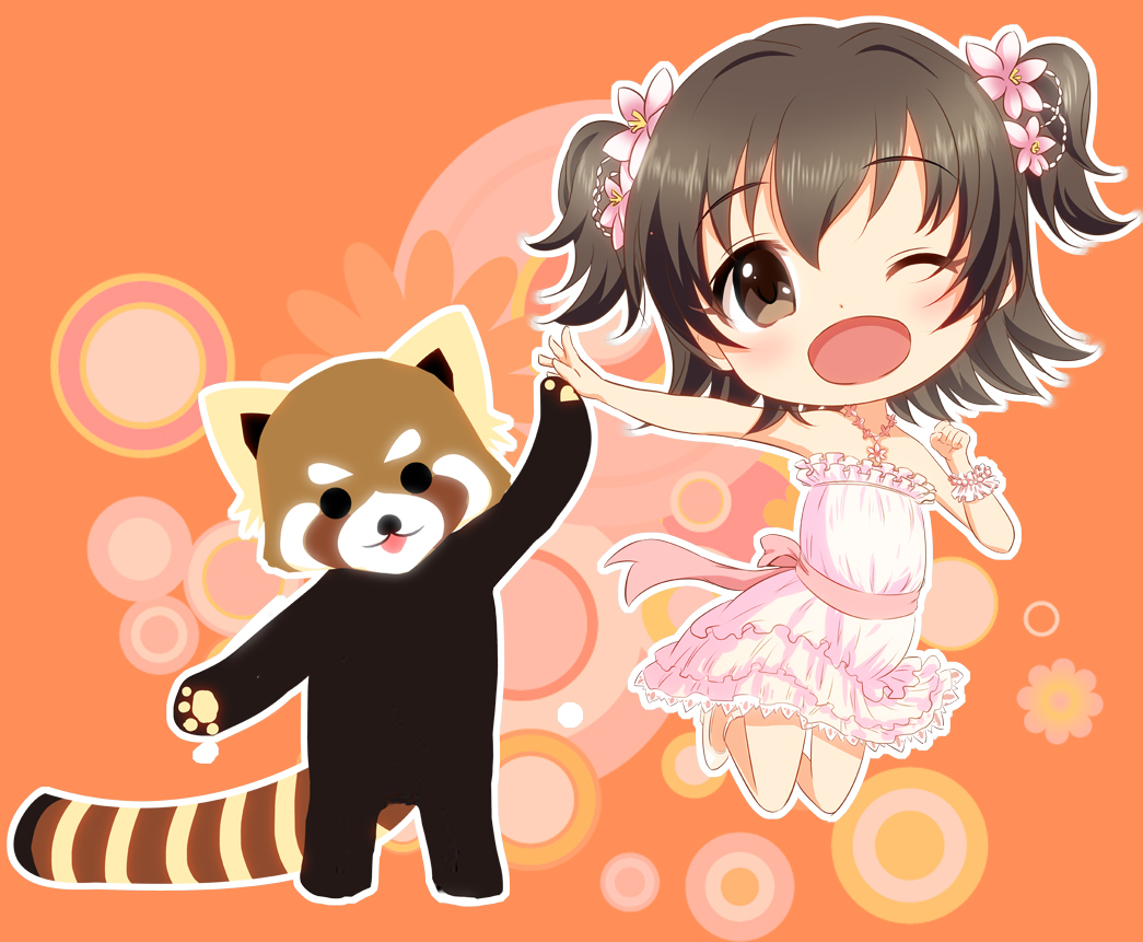 1girl ;d akagi_miria black_hair blush brown_eyes dress furaipan_(totte) idolmaster idolmaster_cinderella_girls one_eye_closed open_mouth red_panda short_hair smile twintails