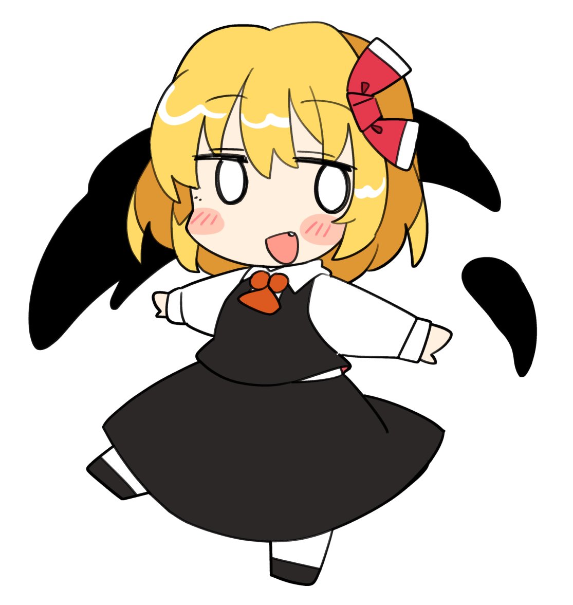 1girl ascot bangs black_footwear black_skirt black_vest blonde_hair collared_shirt darkness fang full_body hair_between_eyes hair_ribbon ini_(inunabe00) open_mouth outstretched_arms pantyhose red_ascot red_ribbon ribbon rumia shirt shoes short_hair simple_background skirt smile solo spread_arms touhou vest white_background white_pantyhose white_shirt