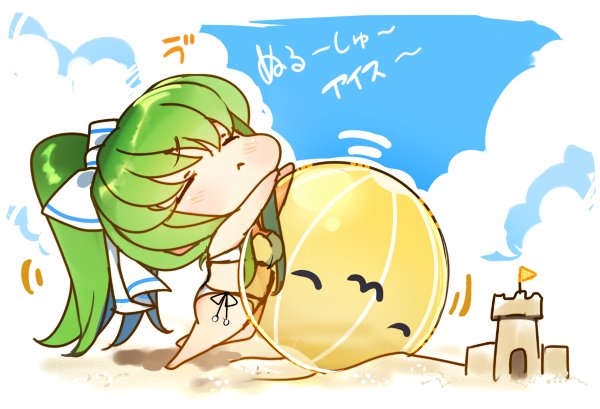 1girl :&lt; :3 alternate_costume arms_up bare_arms bare_legs bare_shoulders barefoot beach bikini black_ribbon blue_sky blush bow c.c. cheese-kun chibi closed_eyes closed_mouth code_geass creayus day flag full_body green_hair hair_bow long_hair motion_lines outdoors pom_pom_(clothes) ponytail ribbon rolling sand sand_castle sand_sculpture side-tie_bikini sky smiley_face solo swimsuit text translation_request white_bikini white_bow