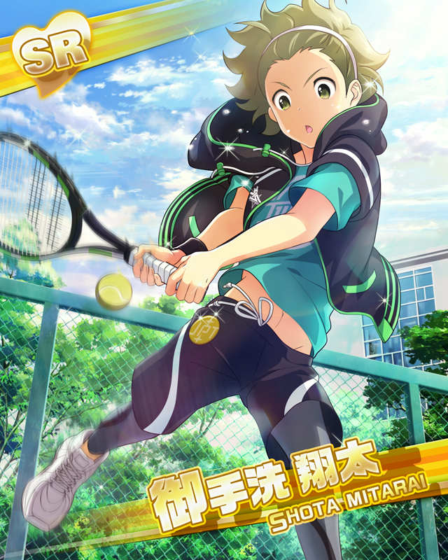 1boy ball building card_(medium) character_name clouds cloudy_sky hairband hood hooded_jacket idolmaster idolmaster_side-m jacket jumping male_focus mitarai_shouta navel official_art open_clothes open_jacket racket shoes shorts sky sneakers solo spandex tennis_ball tennis_court tennis_racket tree