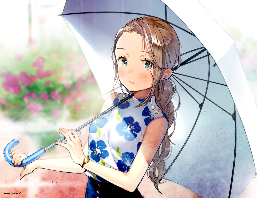 1girl :d anco_(melon85) artist_name bare_shoulders blue_eyes blue_skirt blurry blush braid brown_hair bush buttons cowboy_shot depth_of_field holding holding_umbrella long_hair looking_at_viewer open_mouth original over_shoulder parasol parted_lips plant purple_flower shirt single_braid skirt sleeveless sleeveless_shirt smile solo umbrella violet_eyes watch watch white_shirt white_umbrella