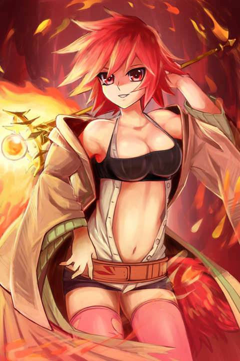 &gt;:) 1girl bare_shoulders black_skirt breasts chiyo_(no3baki) cleavage coat collarbone commentary_request cowboy_shot duel_monster fire hiita long_sleeves looking_at_viewer midriff miniskirt navel open_clothes open_coat pink_legwear red_eyes redhead short_hair skirt smile solo staff thigh-highs torn_clothes torn_thighhighs yuu-gi-ou zettai_ryouiki