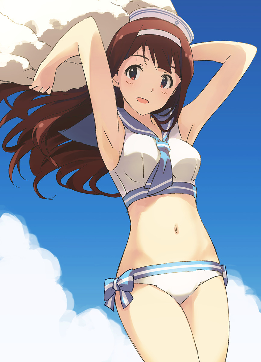 1girl :d armpits arms_up bare_shoulders beret between_breasts bikini bikini_bottom blue_bow blue_sky blush bow breasts brown_eyes brown_hair character_request clouds collarbone cowboy_shot crop_top day hairband hat highres holding idolmaster idolmaster_million_live! legs_together looking_at_viewer midriff narumi_nanami navel neckerchief open_mouth sailor_collar sailor_swimsuit_(idolmaster) shirt side-tie_bikini sky sleeveless sleeveless_shirt smile solo stomach swimsuit tanaka_kotoha thighs white_bikini white_hat white_shirt