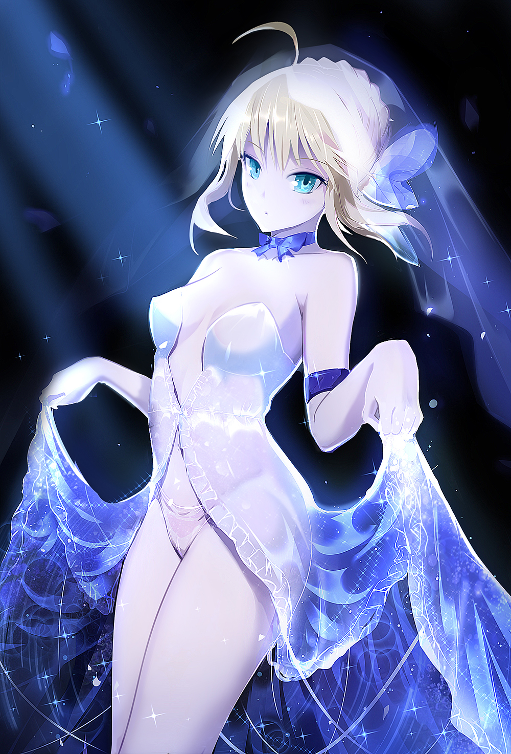 1girl ahoge bare_shoulders blonde_hair bridal_veil clare_(543) collarbone dress dress_lift fate/stay_night fate_(series) gloves green_eyes highres lifted_by_self looking_at_viewer neck_ribbon panties ribbon saber solo underwear veil white_gloves