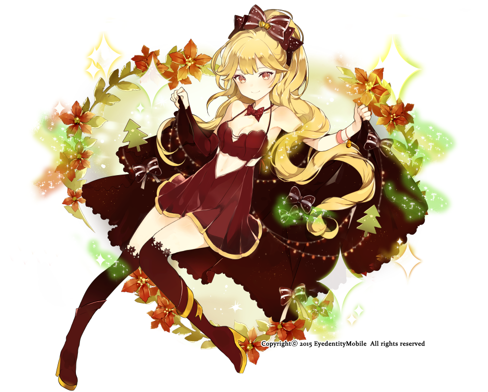 1girl armpits bare_shoulders bell_hair_ornament black_cape black_legwear blonde_hair blush boots bow bowtie breasts brown_boots choker cleavage collarbone dress full_body hair_bow head_tilt high_heel_boots high_heels holding kai-ri-sei_million_arthur knee_boots leaf long_hair looking_at_viewer lp_(hamasa00) navel navel_cutout official_art orange_eyes orange_flower plant ponytail red_bow red_bowtie red_dress simple_background sleeveless sleeveless_dress smile solo sparkle stomach striped striped_bow thigh-highs very_long_hair white_background zettai_ryouiki
