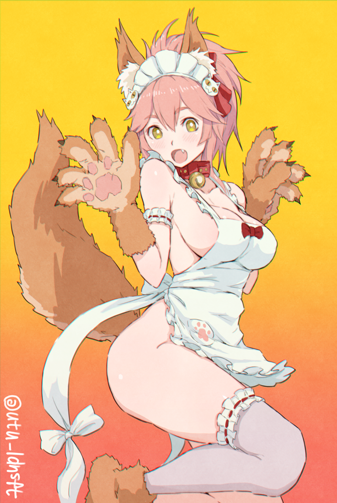 1girl :o animal_ears apron arm_garter bell bell_collar blush breasts caster_(fate/extra) chromatic_aberration cleavage collar fang fate/grand_order fate_(series) fox_tail headdress large_breasts long_hair looking_at_viewer naked_apron open_mouth paw_print paws pink_hair revision simple_background solo tail tamamo_cat_(fate/grand_order) thigh-highs utu_(ldnsft) yellow_eyes
