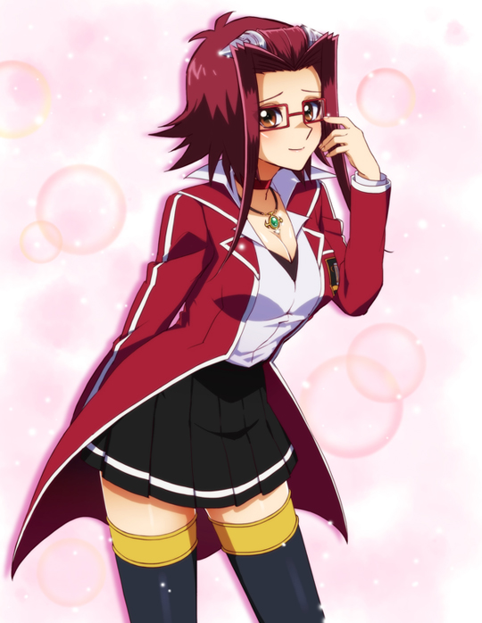 1girl adjusting_glasses bespectacled black_legwear black_skirt blush breasts brown_eyes chiyo_(no3baki) choker cleavage coat commentary_request cowboy_shot glasses izayoi_aki jewelry large_breasts leaning_forward long_sleeves looking_at_viewer necklace pleated_skirt red-framed_glasses red_coat redhead school_uniform shirt short_hair skirt smile solo tareme thigh-highs white_shirt yuu-gi-ou yuu-gi-ou_5d's zettai_ryouiki
