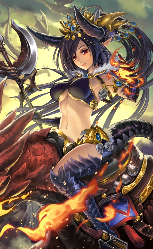 1girl armlet armpits axe bangs bikini_top black_hair breasts closed_mouth clouds coin_(ornament) creature dragon dragon_girl dragon_horns dragon_tail eyelashes fingernails fire fur_trim gem holding holding_weapon horns jewelry kazto_furuya long_fingernails long_hair looking_at_viewer moeru!_jiten pointy_ears ponytail red_eyes riding scales skull sky slit_pupils smile solo swept_bangs tail under_boob very_long_hair weapon