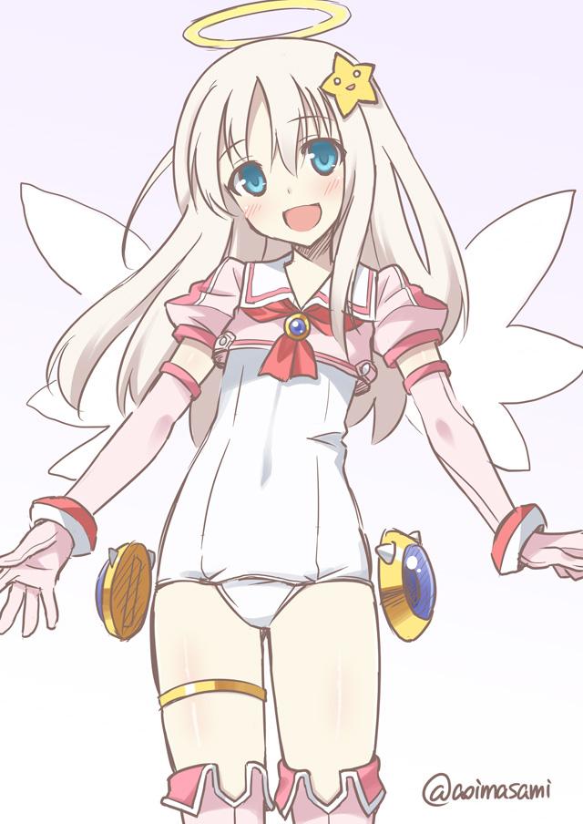 1girl angel_wings blue_eyes cosplay crop_top djibril_aries djibril_aries_(cosplay) elbow_gloves gloves hair_ornament halo kantai_collection long_hair makai_tenshi_djibril open_mouth school_swimsuit smile solo soukai_(lemonmaiden) star swimsuit thigh-highs u-511_(kantai_collection) white_hair white_school_swimsuit white_swimsuit wings