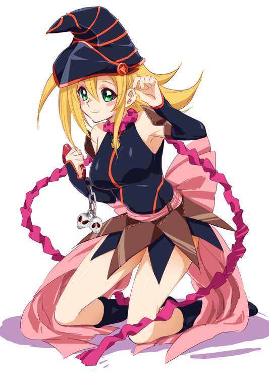 1girl adjusting_hair armpits bangs bare_shoulders black_boots black_hat blonde_hair blush_stickers boots bow breasts cellphone cellphone_charm chain charm_(object) chiyo_(no3baki) commentary_request dark_magician_girl detached_sleeves duel_monster flipped_hair from_side full_body gagaga_girl gagaga_girl_(cosplay) green_eyes hair_between_eyes hair_tucking halterneck hand_up hat holding jewelry knee_boots kneeling large_breasts layered_skirt leaning_forward long_hair looking_at_viewer miniskirt necklace pendant phone pink_ribbon ribbon sash shadow sidelocks simple_background skirt skull smartphone smile solo white_background wizard_hat yuu-gi-ou