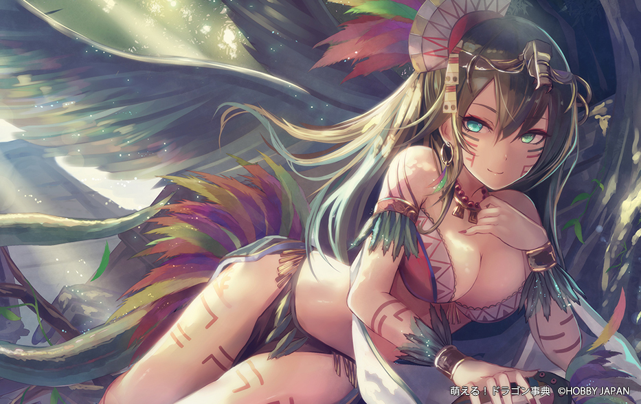 1girl breasts brown_hair character_request cleavage feathers green_eyes hair_ornament jewelry large_breasts long_hair looking_at_viewer moeru!_jiten nakaichi_(ridil) necklace original personification quetzalcoatl smile solo tattoo wings