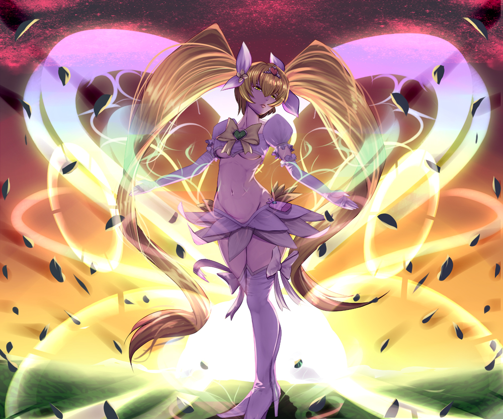 1girl backlighting bangs blonde_hair boots bow breasts closed_mouth cure_sunshine debris detached_sleeves frilled_sleeves frills glowing hair_between_eyes hair_ribbon harihisa heart heartcatch_precure! high_heel_boots high_heels light_frown long_hair magical_girl midriff myoudouin_itsuki outstretched_arms precure puffy_short_sleeves puffy_sleeves ribbon short_sleeves skirt solo standing super_silhouette_(heartcatch_precure!) twintails under_boob very_long_hair white_bow yellow_bow yellow_eyes