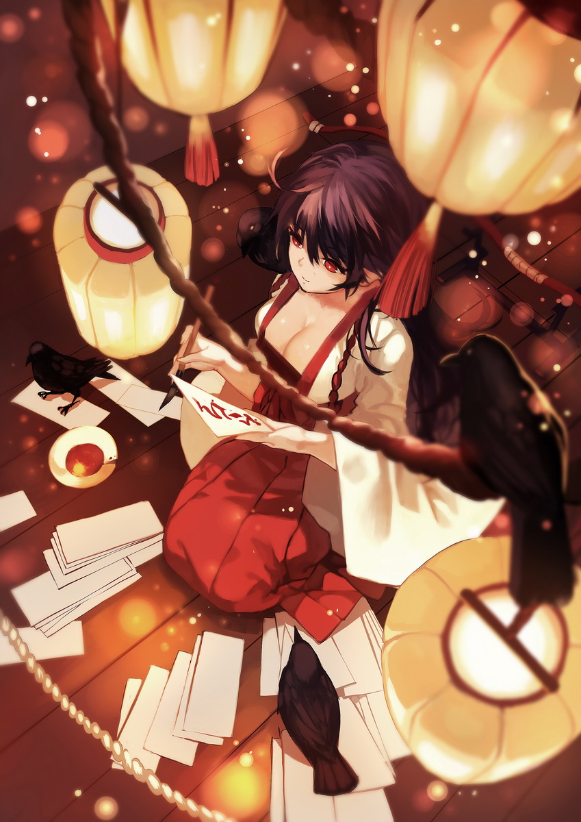 1girl bird black_hair breasts cleavage crow floor from_above highres indoors japanese_clothes joseph_lee lantern long_hair red_eyes rope solo traditional_clothes