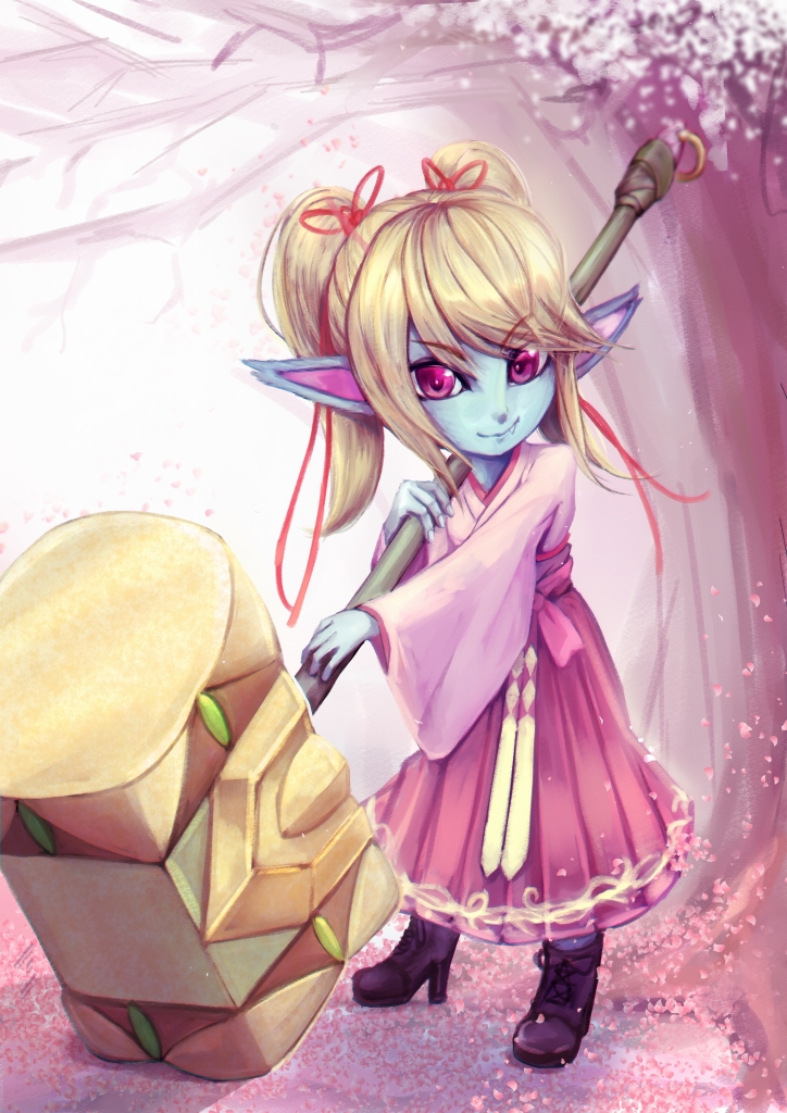 1girl alternate_costume blonde_hair blue_skin cherry_blossoms dress fang full_body hair_ribbon hammer high_heels league_of_legends long_hair looking_at_viewer menyuu petals pink_dress pointy_ears poppy ribbon shoes smile solo standing twintails violet_eyes warhammer weapon wide_sleeves yordle