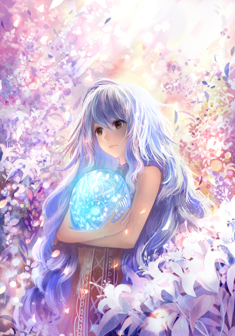 1girl aqua_eyes expressionless flower highres long_hair orb original sakimori_(hououbds) silver_hair solo