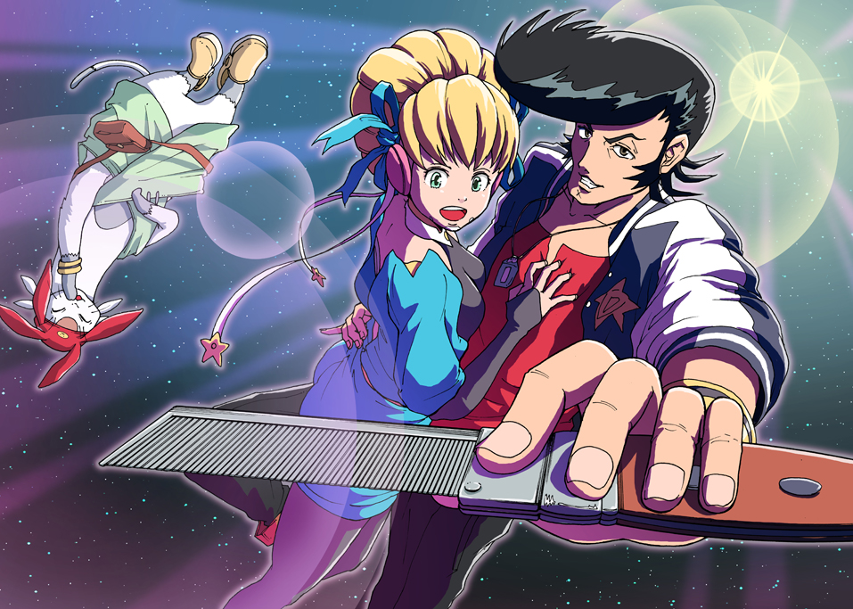 1girl adelie_(space_dandy) alien arm_around_waist black_hair black_legwear blonde_hair breasts comb commentary_request dandy_(space_dandy) eyebrows green_eyes lens_flare letterman_jacket meow_(space_dandy) older omochi_(marblefrog) pinky_out pompadour space space_dandy upside-down
