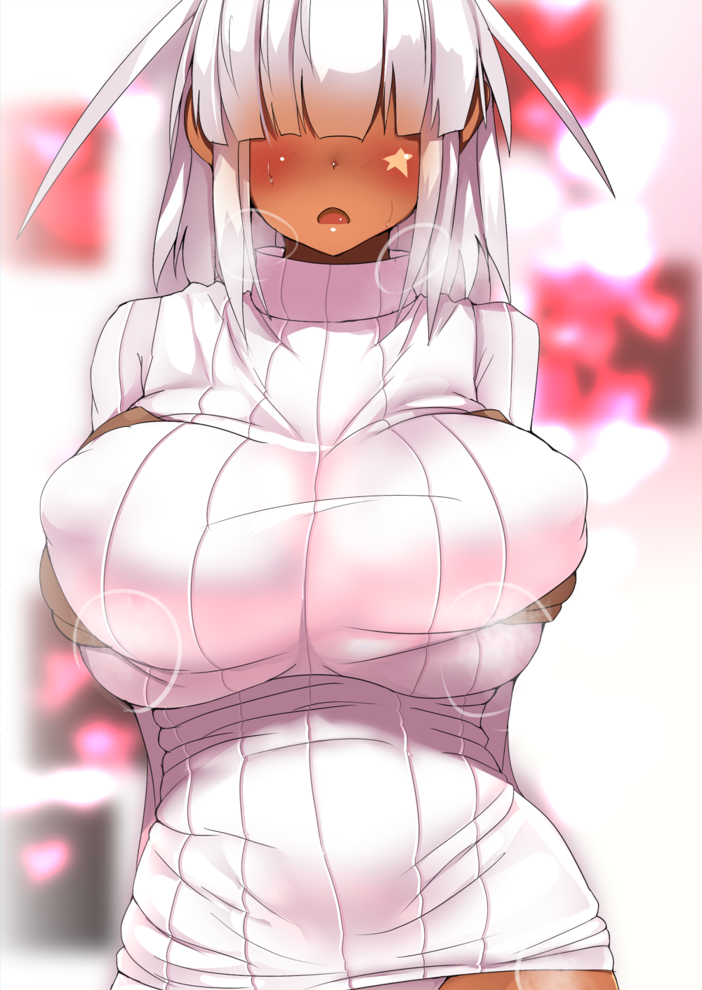 1girl blush breast_squeeze breasts dark_skin facial_mark heavy_breathing highres large_breasts open_mouth original ribbed_sweater silver_hair solo souma_(ordures) sweater tan turtleneck upper_body