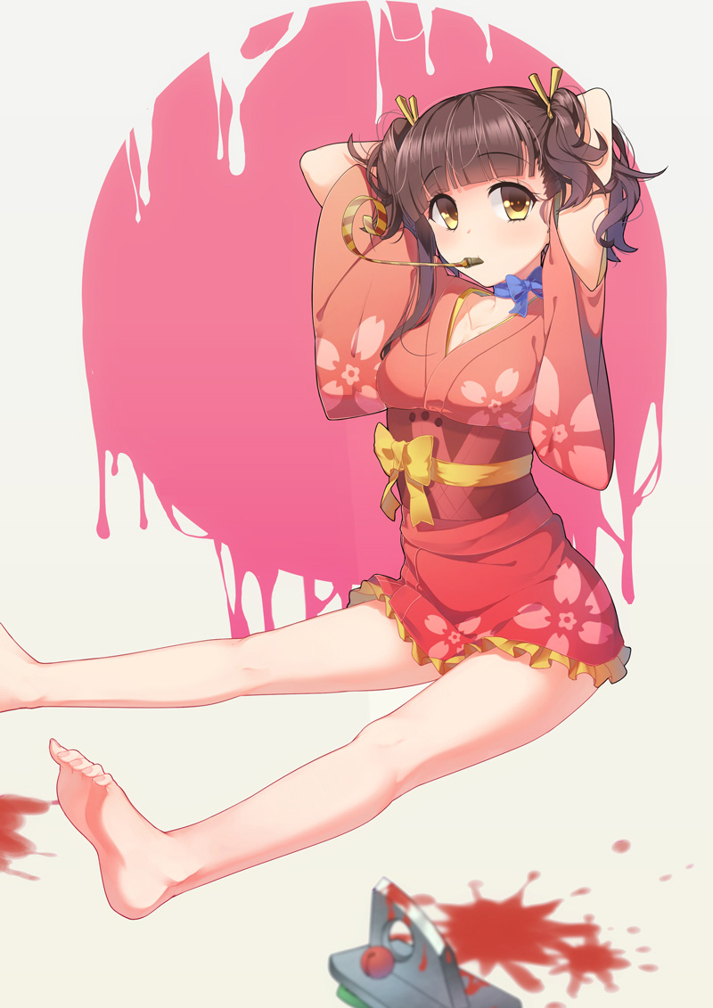 1girl adjusting_hair arms_up bangs bare_legs barefoot beige_background bell blood blood_splatter blue_bow blue_bowtie blunt_bangs blush bow bowtie breasts brown_hair choker collarbone eyebrows eyebrows_visible_through_hair feet floral_print geta hair_ribbon japanese_clothes jingle_bell kimono koutetsujou_no_kabaneri looking_at_viewer mouth_hold mumei_(kabaneri) party_whistle qiongsheng ribbon sandals_removed sash short_hair short_kimono short_twintails simple_background sitting soles solo tareme thighs toes twintails tying_hair underbust wavy_hair yellow_bow yellow_eyes