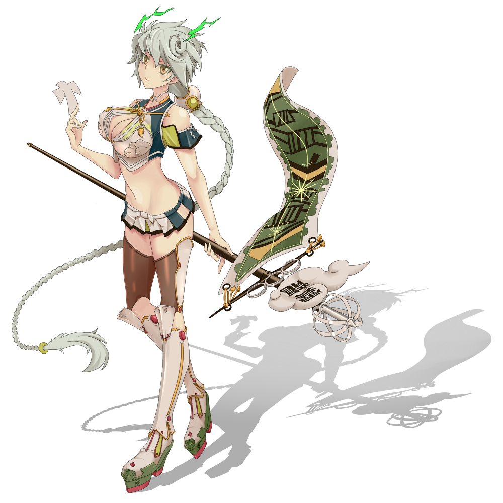 1girl antlers asymmetrical_hair bare_shoulders braid breasts brown_legwear character_name cleavage_cutout cloud_print crop_top full_body hair_ornament kantai_collection large_breasts long_hair looking_at_viewer macha midriff miniskirt navel remodel_(kantai_collection) shikigami silver_hair simple_background single_braid skirt smile solo staff thigh-highs unryuu_(kantai_collection) very_long_hair yellow_eyes zettai_ryouiki
