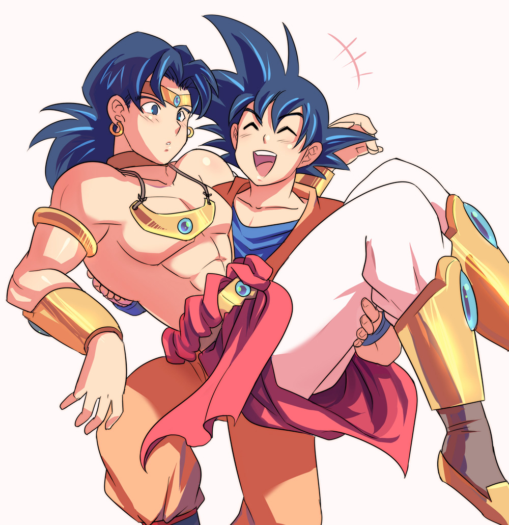 2boys abs black_hair blue_eyes broly carrying circlet closed_eyes collarbone dougi dragon_ball dragon_ball_z earrings jewelry jiayu_long male_focus multiple_boys muscle neck_ring open_mouth princess_carry shirtless smile son_gokuu vambraces