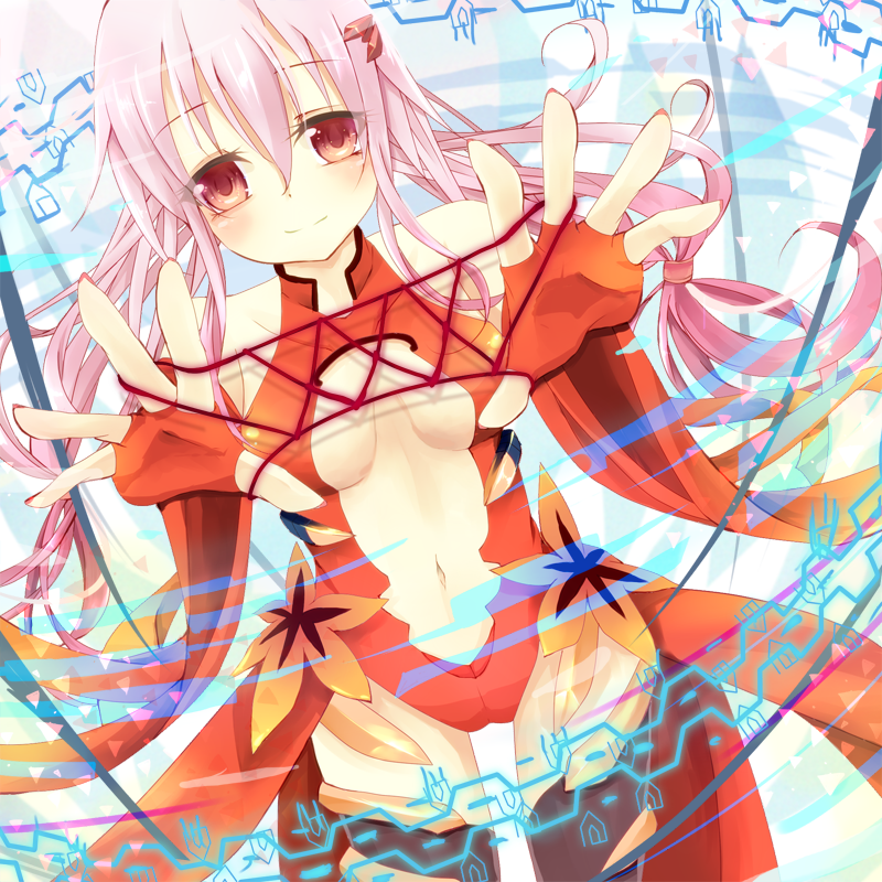 1girl bare_shoulders black_legwear breasts cat's_cradle center_opening cleavage commentary_request detached_sleeves elbow_gloves fingerless_gloves gloves guilty_crown hair_ornament hairclip long_hair looking_at_viewer navel nichi_0 pink_hair red_eyes smile solo string twintails yuzuriha_inori