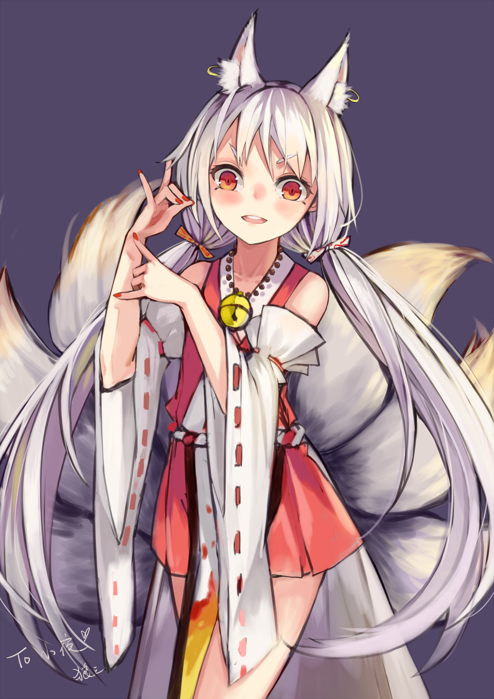 1girl animal_ears bell bell_collar blush collar detached_sleeves earrings extra_ears fox_ears fox_girl fox_shadow_puppet fox_tail hair_ribbon highres japanese_clothes jewelry long_hair looking_at_viewer miko miniskirt multiple_tails nail_polish ookamisama open_mouth orange_eyes original red_nails ribbon ribbon-trimmed_sleeves ribbon_trim silver_hair simple_background sketch skirt smile solo tail twintails upper_body very_long_hair wide_sleeves