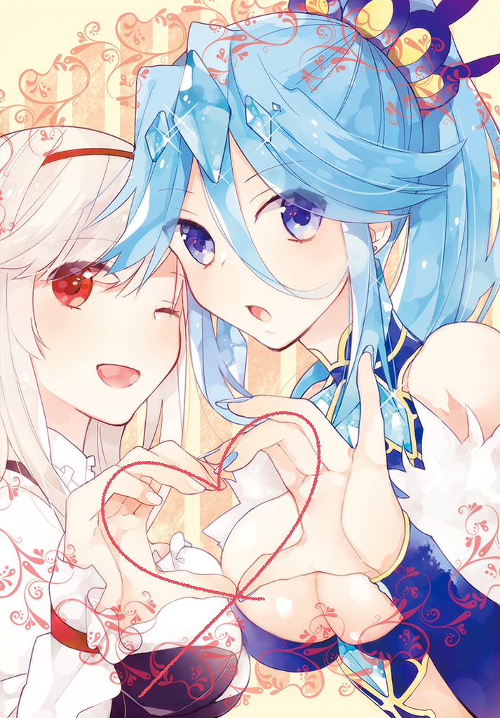 2girls :o ;d anna_(sennen_sensou_aigis) asymmetrical_docking bad_anatomy bangs bare_shoulders blue_eyes blue_hair blue_nails breast_press breasts cleavage detached_sleeves ear_studs earrings eliza_(sennen_sensou_aigis) eyes_visible_through_hair fingernails flipped_hair frills from_side fur_trim gem glint hair_between_eyes hair_ornament hairband happy heart heart_hands heart_hands_duo high_ponytail jewelry karomura large_breasts long_fingernails long_ponytail looking_at_viewer multiple_girls nail_polish one_eye_closed open_mouth parted_bangs pinky_out ponytail red_eyes sapphire_(stone) sennen_sensou_aigis sidelocks sleeves_past_wrists smile surprised turtleneck upper_body white_hair