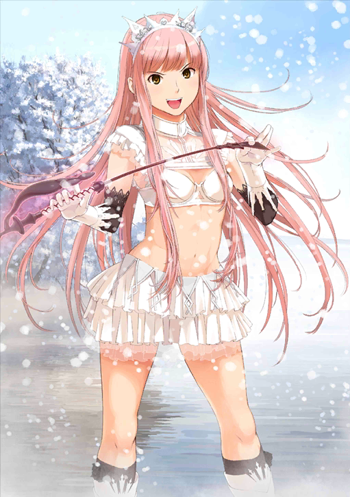 1girl bra breasts brown_eyes cleavage diadem fate/grand_order fate_(series) frilled_skirt frills gloves lake medb_(fate/grand_order) midriff navel open_mouth outdoors pink_hair skirt snow solo takayama_kisai tree underwear white_bra white_gloves white_skirt