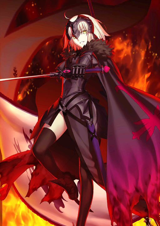 1girl armor armored_dress black_legwear blonde_hair coat fate/grand_order fate_(series) gauntlets holding holding_sword holding_weapon jeanne_alter long_hair ruler_(fate/apocrypha) ruler_(fate/grand_order) short_hair solo sword takeuchi_takashi thigh-highs weapon yellow_eyes