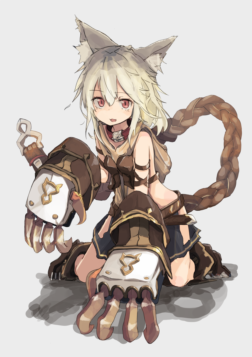 1girl animal_ears arm_strap bangs blonde_hair boots braid center_opening claw_(weapon) claw_pose collar elbow_gloves erun_(granblue_fantasy) eyebrows eyebrows_visible_through_hair fang flipped_hair gloves granblue_fantasy grey_background hair_between_eyes highres hip_vent hizakozouzu hood huge_weapon kneeling long_hair looking_at_viewer midriff miniskirt open_mouth pleated_skirt red_eyes sen_(granblue_fantasy) shadow single_braid skirt solo weapon